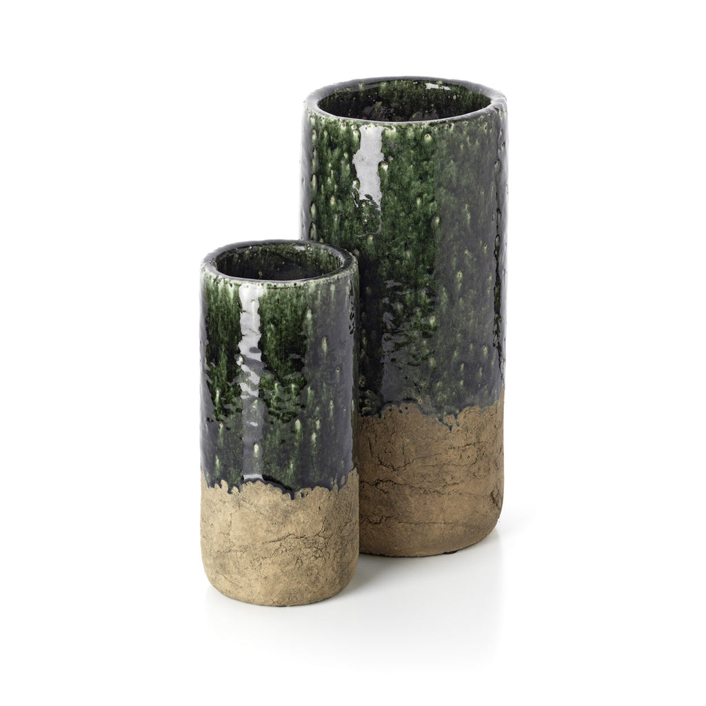 Vaas cilindervormig steengoed Moss betongroen, handgemaakt – Ø 13 x 29 cm