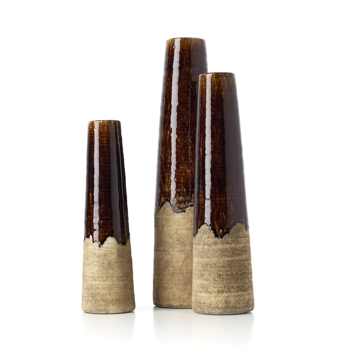 Vaas kegelvorm steengoed Amber Cone betonbruin 14 x 14 x 58 cm, hoog en slank