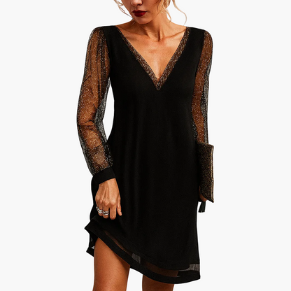 Women's party dress with glitter sleeves and V-neck – Elegant evening gown for festive occasions