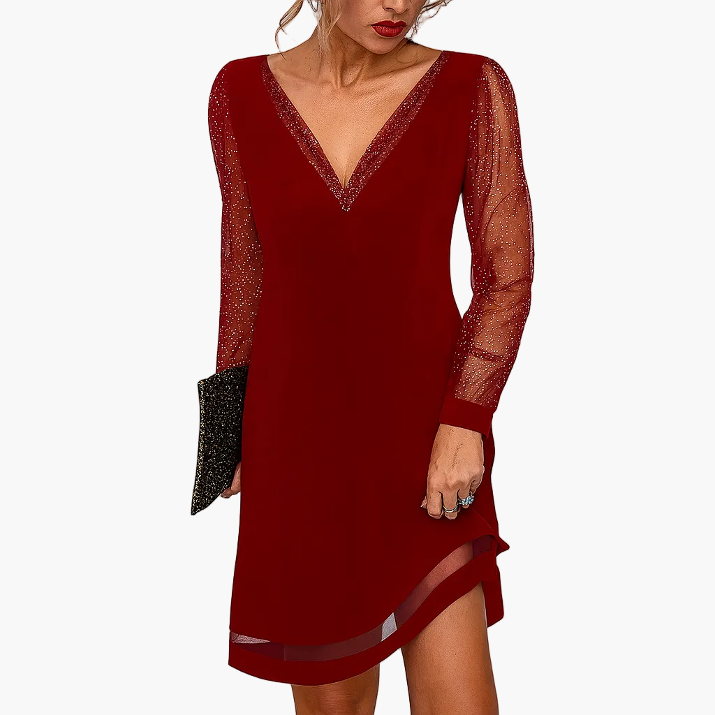 Women's party dress with glitter sleeves and V-neck – Elegant evening gown for festive occasions