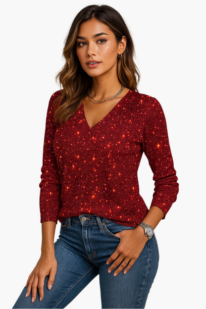 Women's Glitter Sweater with V-Neck – Elegant Party and Evening Look