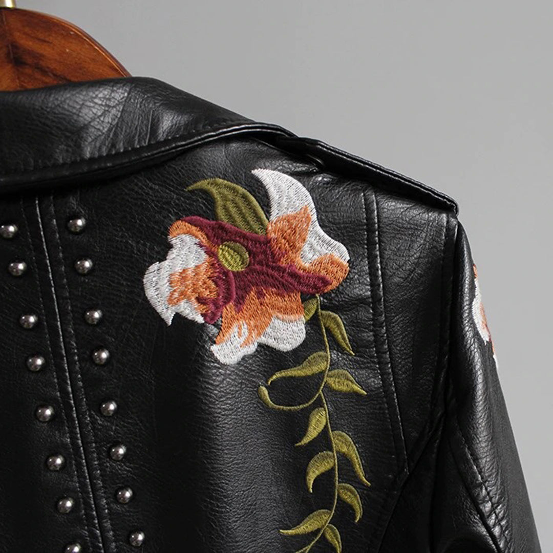 Women's biker jacket with floral embroidery – fashionable transitional jacket for stylish outfits