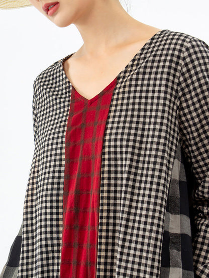 Damen Maxikleid Retro Boho Stil mit Karomuster und V-Ausschnitt – Lässiges Freizeitkleid