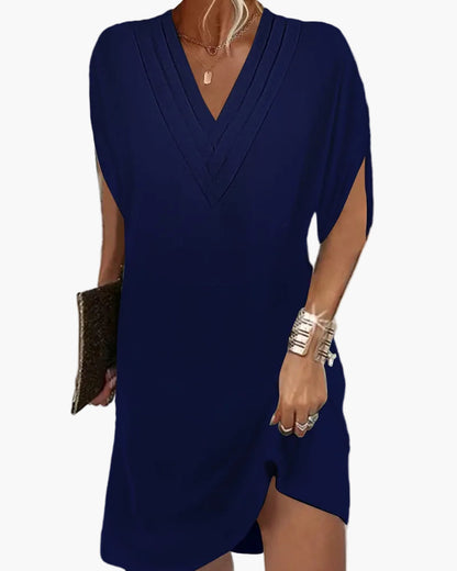 Damen Kleid mit V-Ausschnitt und Schlitzärmeln – Modisches Freizeitkleid für Alltag & Events