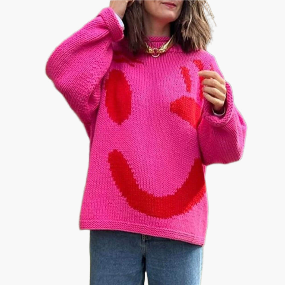Damen Pullover mit verspieltem Gesichtsmotiv – Strickpullover im künstlerischen Stil für Freizeit & Alltag