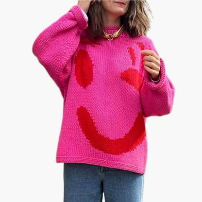 Damen Pullover mit verspieltem Gesichtsmotiv – Strickpullover im künstlerischen Stil für Freizeit & Alltag