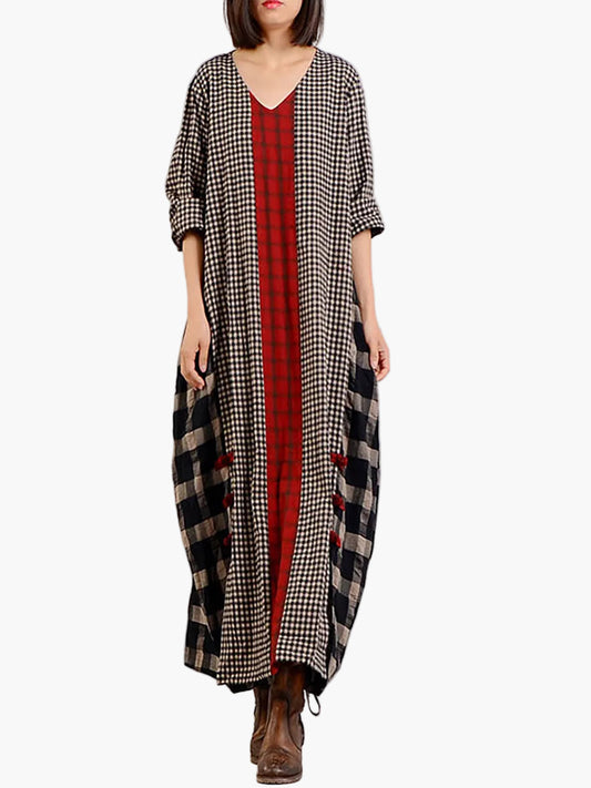 Damen Maxikleid Retro Boho Stil mit Karomuster und V-Ausschnitt – Lässiges Freizeitkleid