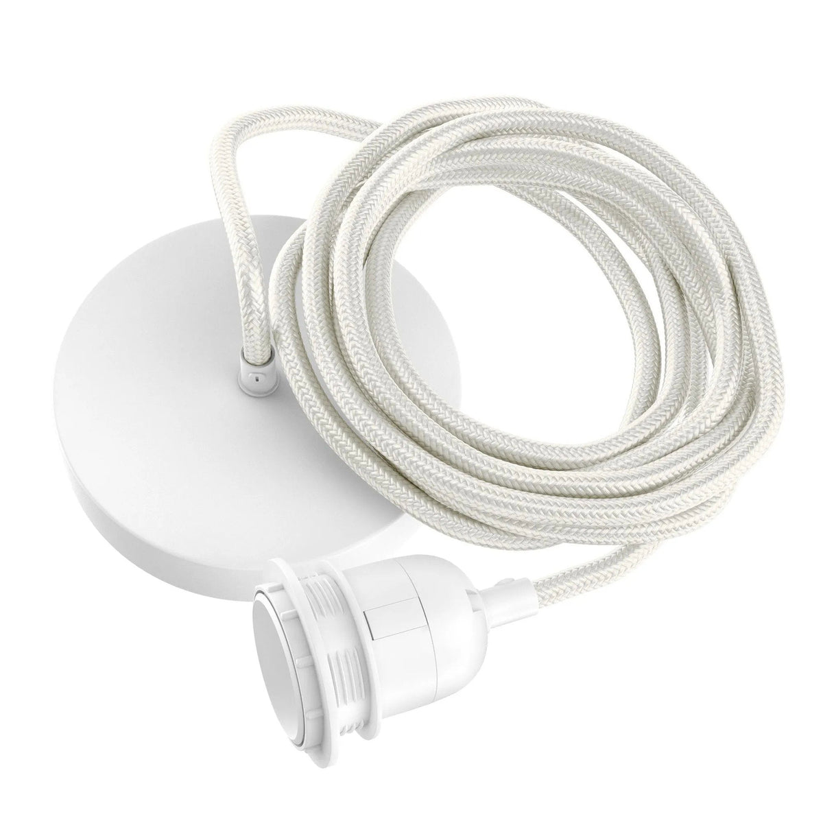 Witte plafondfitting met opgerold wit katoenen snoer en witte lampfitting