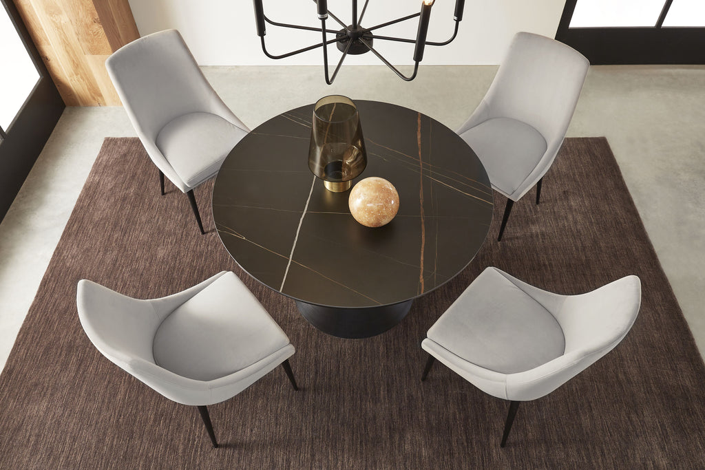 Eettafel rond gesinterd steen Winston, zwart stalen zandloperpoot – Ø 119 x H 76 cm, eetkamer
