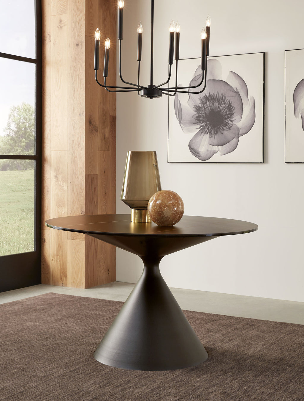 Eettafel rond gesinterd steen Winston, zwart stalen zandloperpoot – Ø 119 x H 76 cm, eetkamer