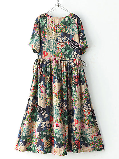 Damen Vintage Maxikleid mit Blumenmuster – Lockeres Sommerkleid im Boho-Stil für Freizeit & Urlaub