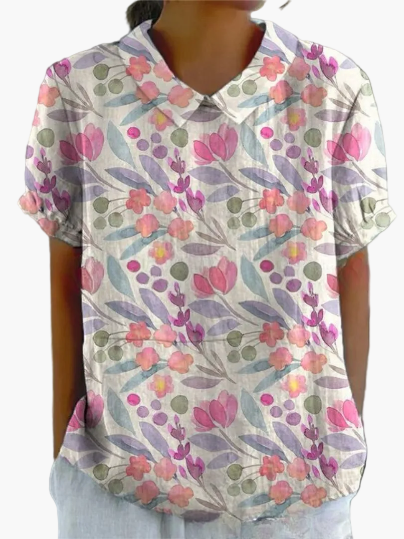 Women's blouse with embroidery and floral pattern – old-fashioned style, short-sleeved, elegant for everyday wear and office