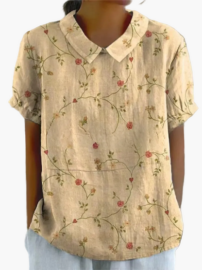 Women's blouse with embroidery and floral pattern – old-fashioned style, short-sleeved, elegant for everyday wear and office
