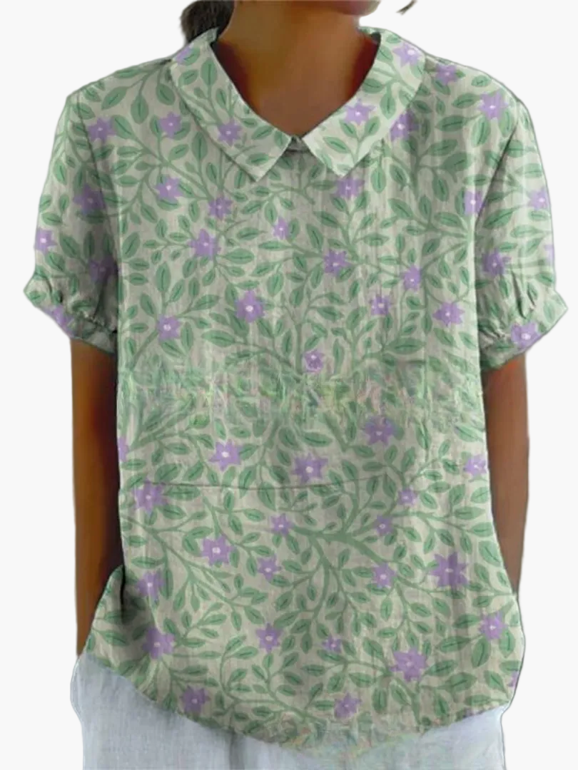 Women's blouse with embroidery and floral pattern – old-fashioned style, short-sleeved, elegant for everyday wear and office