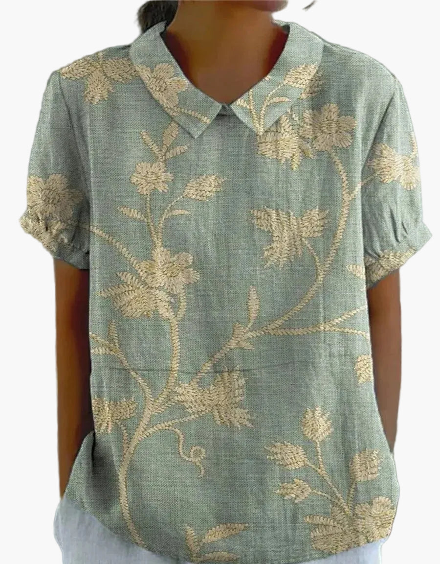 Women's blouse with embroidery and floral pattern – old-fashioned style, short-sleeved, elegant for everyday wear and office