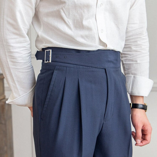 Men's high-waist suit pants with front crease and side buckle – Elegant business and casual style