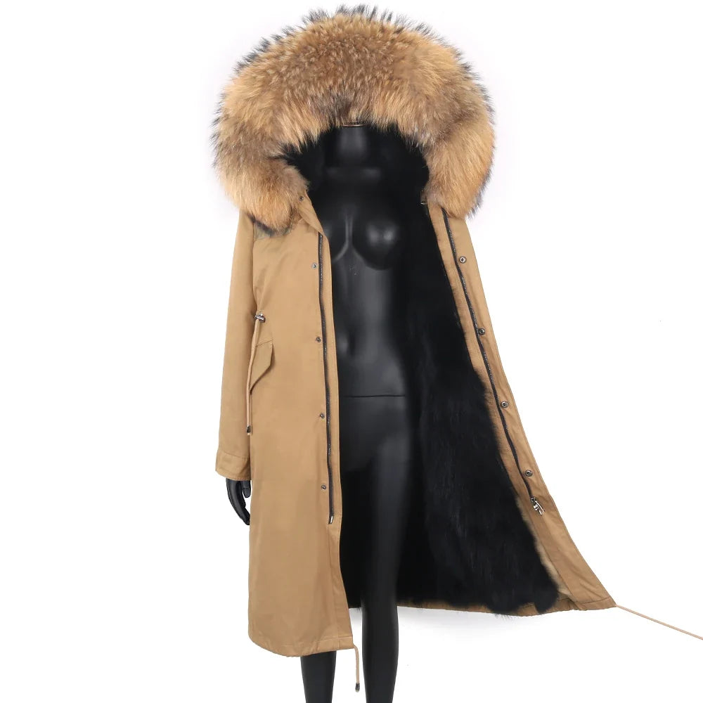 Damen Winterparka lang mit großer Kapuze und Pelzimitat Futter
