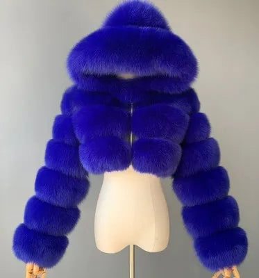 Damen Kurz Kunstfell Jacke mit Kapuze und langen Ärmeln