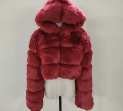 Damen Kurz Kunstfell Jacke mit Kapuze und langen Ärmeln