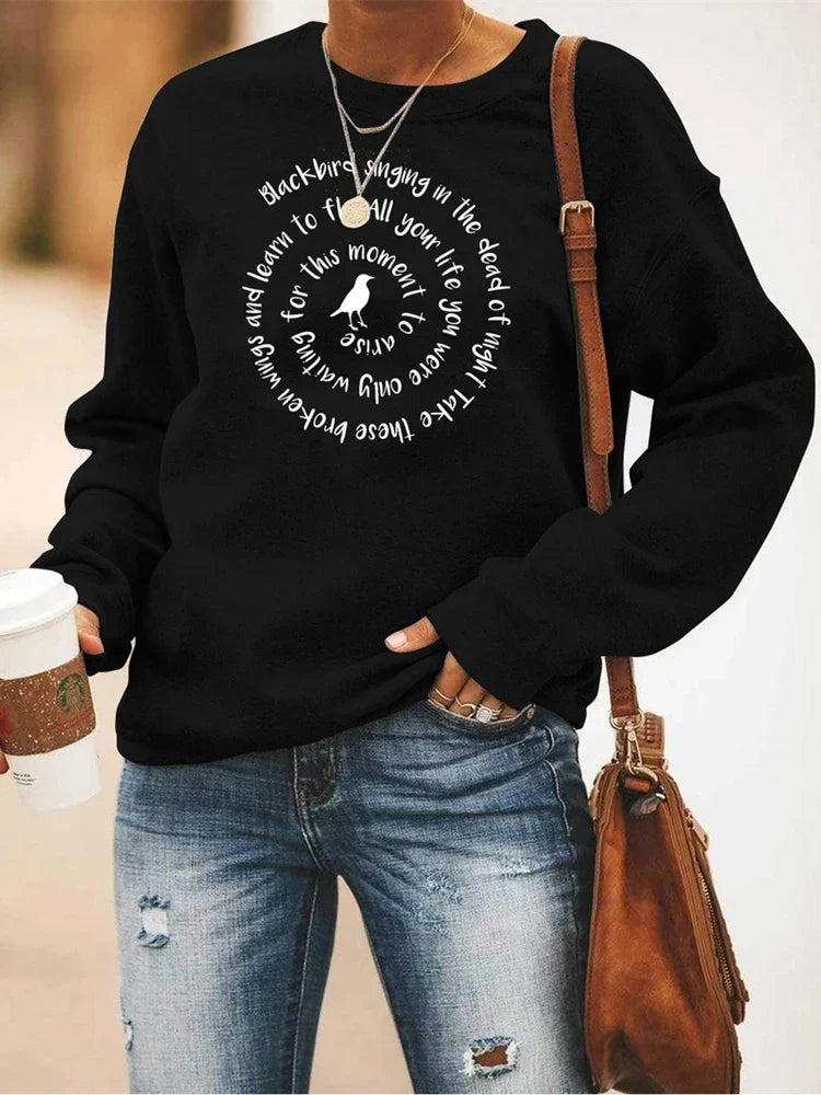 Women's Crew-Neck Long-Sleeve Sweatshirt with Bird & Lettering Print
