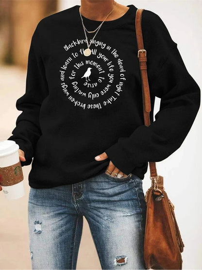 Women's Crew-Neck Long-Sleeve Sweatshirt with Bird & Lettering Print