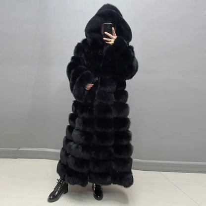 Women's long faux fur coat with hood - Black