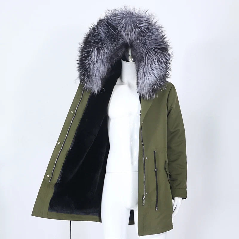 Men's parka with hood and fur collar, lined