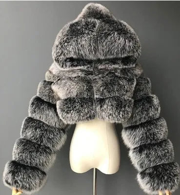 Damen Kurz Kunstfell Jacke mit Kapuze und langen Ärmeln