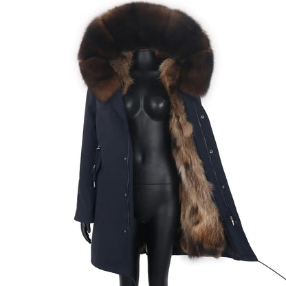 Long winter parka coat with hood and fur trim for women