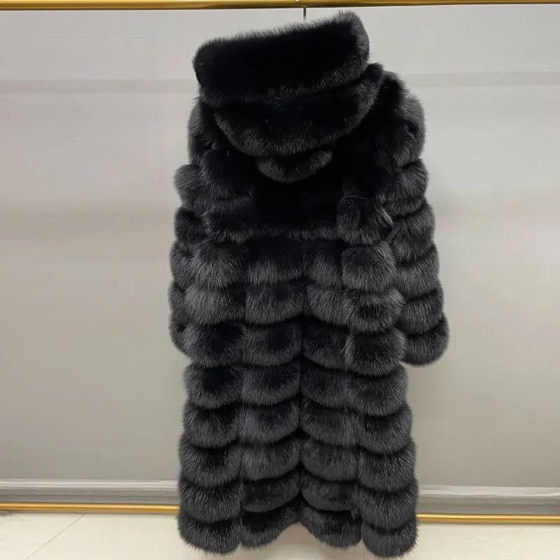 Women's long faux fur coat with hood - Black