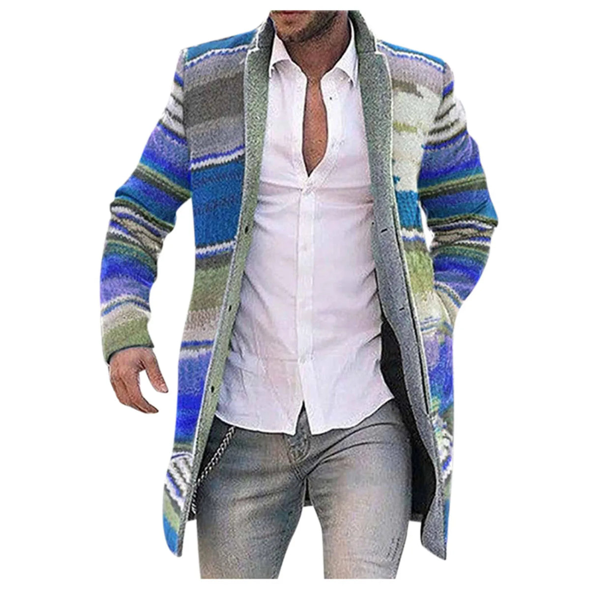 Men's long striped cardigan with button placket, multicolored