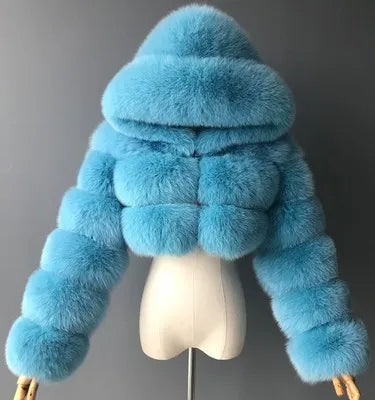 Damen Kurz Kunstfell Jacke mit Kapuze und langen Ärmeln