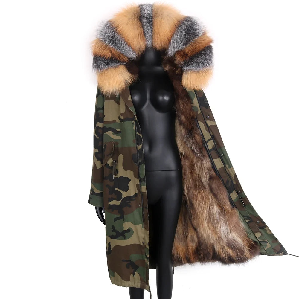 Damen Winterparka lang mit großer Kapuze und Pelzimitat Futter