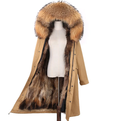 Long winter parka coat with hood and fur trim for women