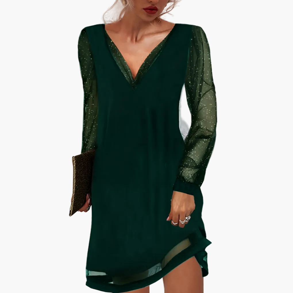 Women's party dress with glitter sleeves and V-neck – Elegant evening gown for festive occasions