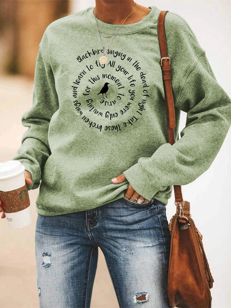 Women's Crew-Neck Long-Sleeve Sweatshirt with Bird & Lettering Print