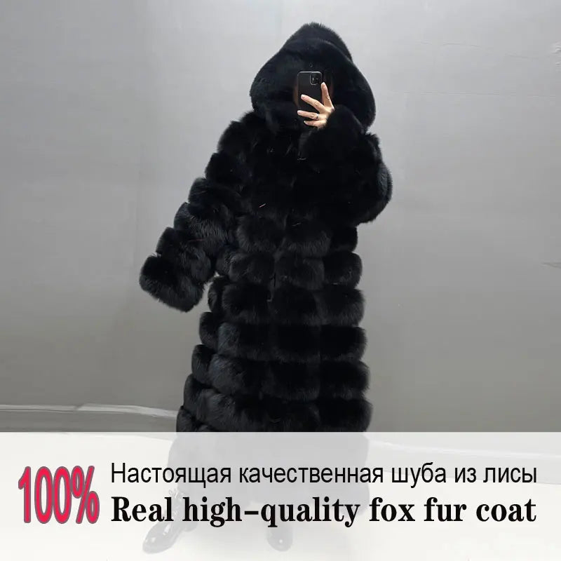 Women's long faux fur coat with hood - Black