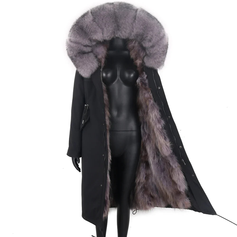 Long winter parka coat with hood and fur trim for women