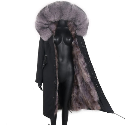Long winter parka coat with hood and fur trim for women