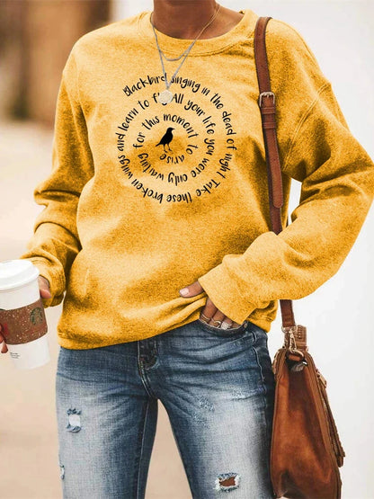 Women's Crew-Neck Long-Sleeve Sweatshirt with Bird & Lettering Print