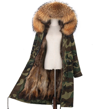 Long winter parka coat with hood and fur trim for women