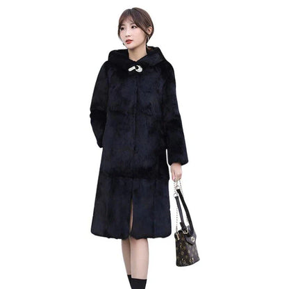 Women's hooded coat, black, with toggle closure, knee-length