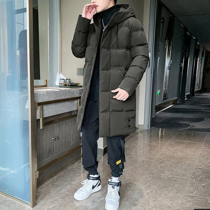 Men's long down coat, winter padded quilted coat with hood