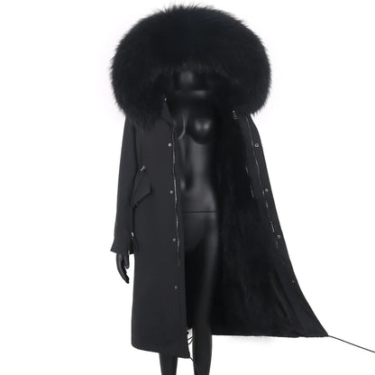 Long winter parka coat with hood and fur trim for women