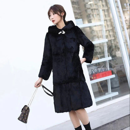 Women's hooded coat, black, with toggle closure, knee-length