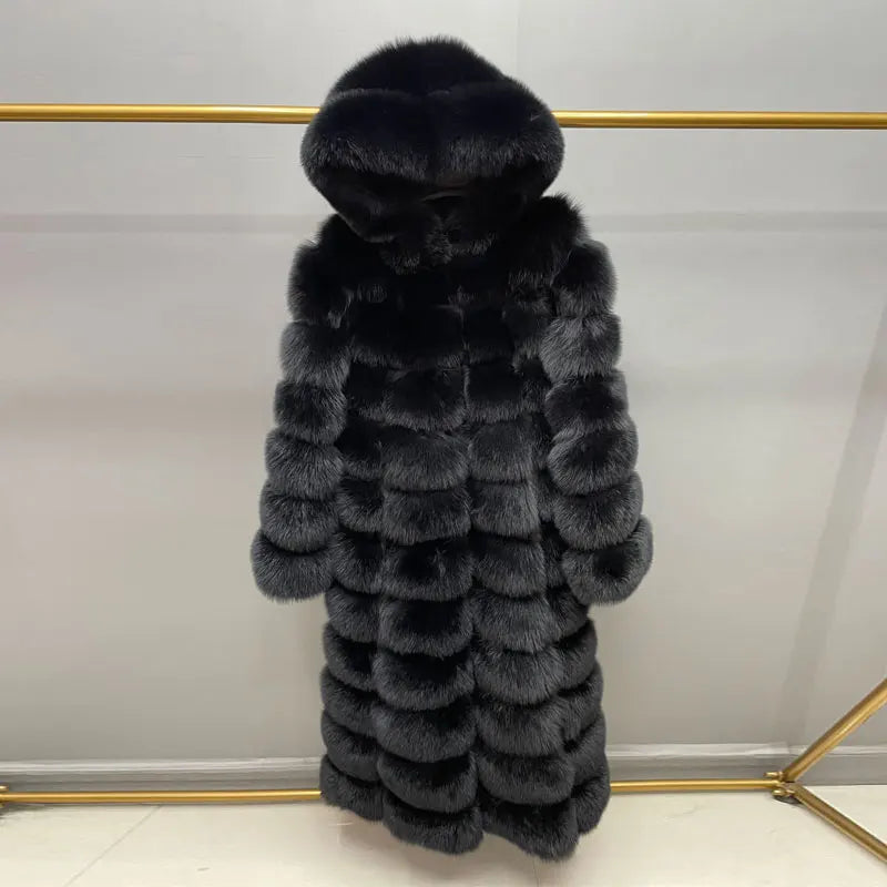 Women's long faux fur coat with hood - Black