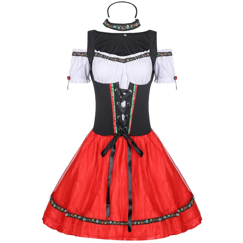Dirndl Kostüm Rot/Schwarz Kurz mit Rüschen und Korsettschnürung Damen