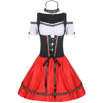 Dirndl Kostüm Rot/Schwarz Kurz mit Rüschen und Korsettschnürung Damen
