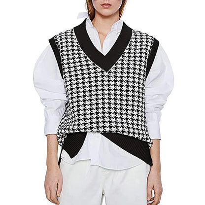 Women's knitted vest houndstooth V-neck sleeveless sweater vest