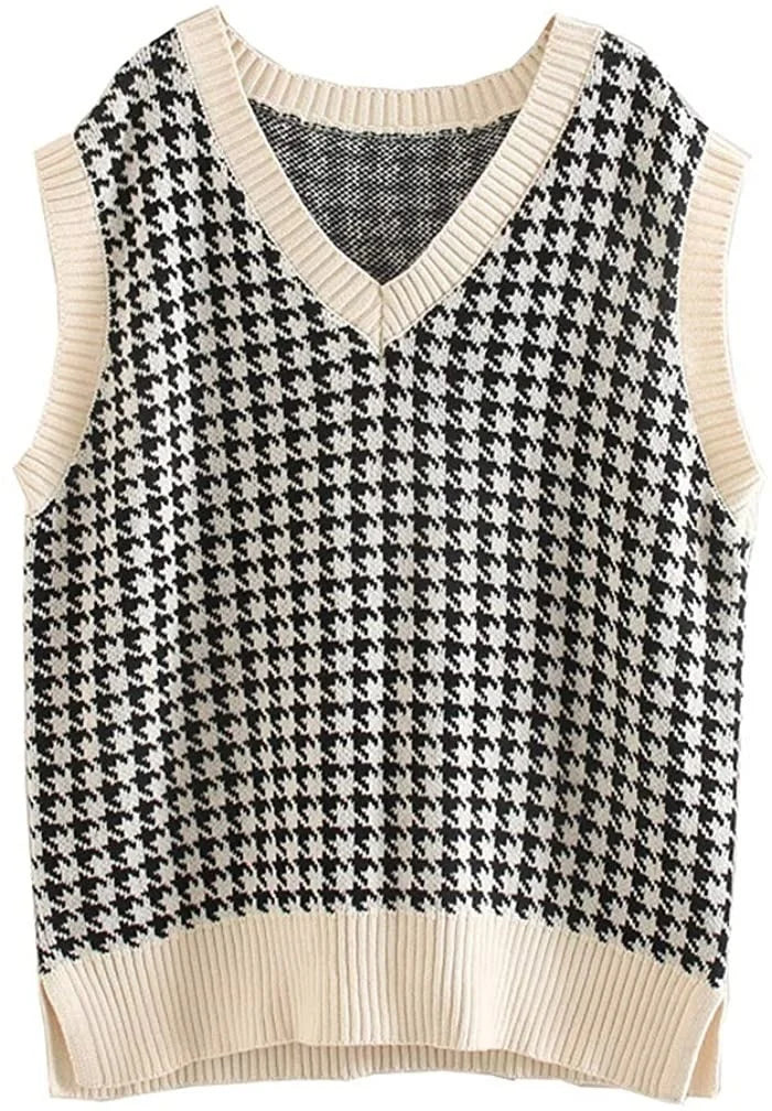Women's knitted vest houndstooth V-neck sleeveless sweater vest